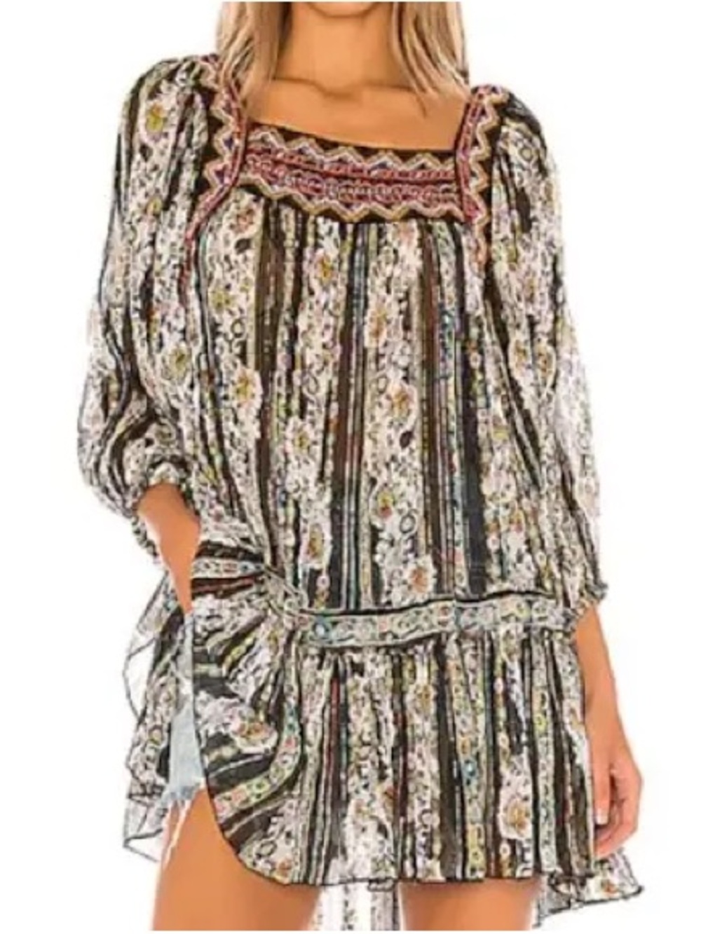 Free People Dance Magic Boho Floral Square-Neck Embroidered Tunic